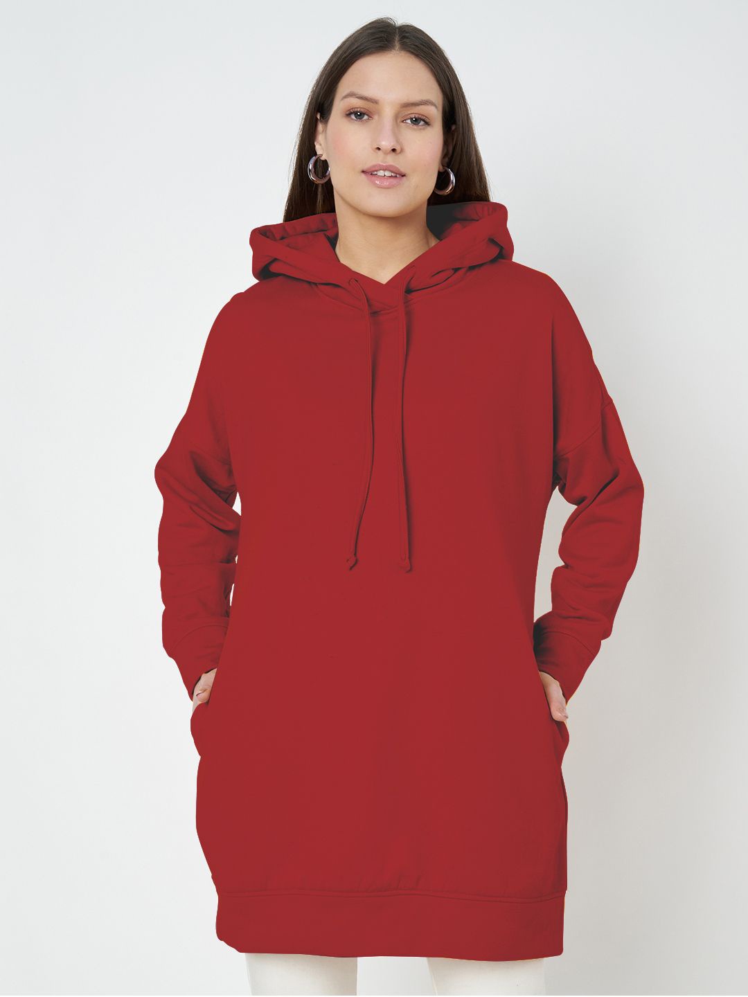 

BRINNS Women Hooded Longline Sweatshirt, Red