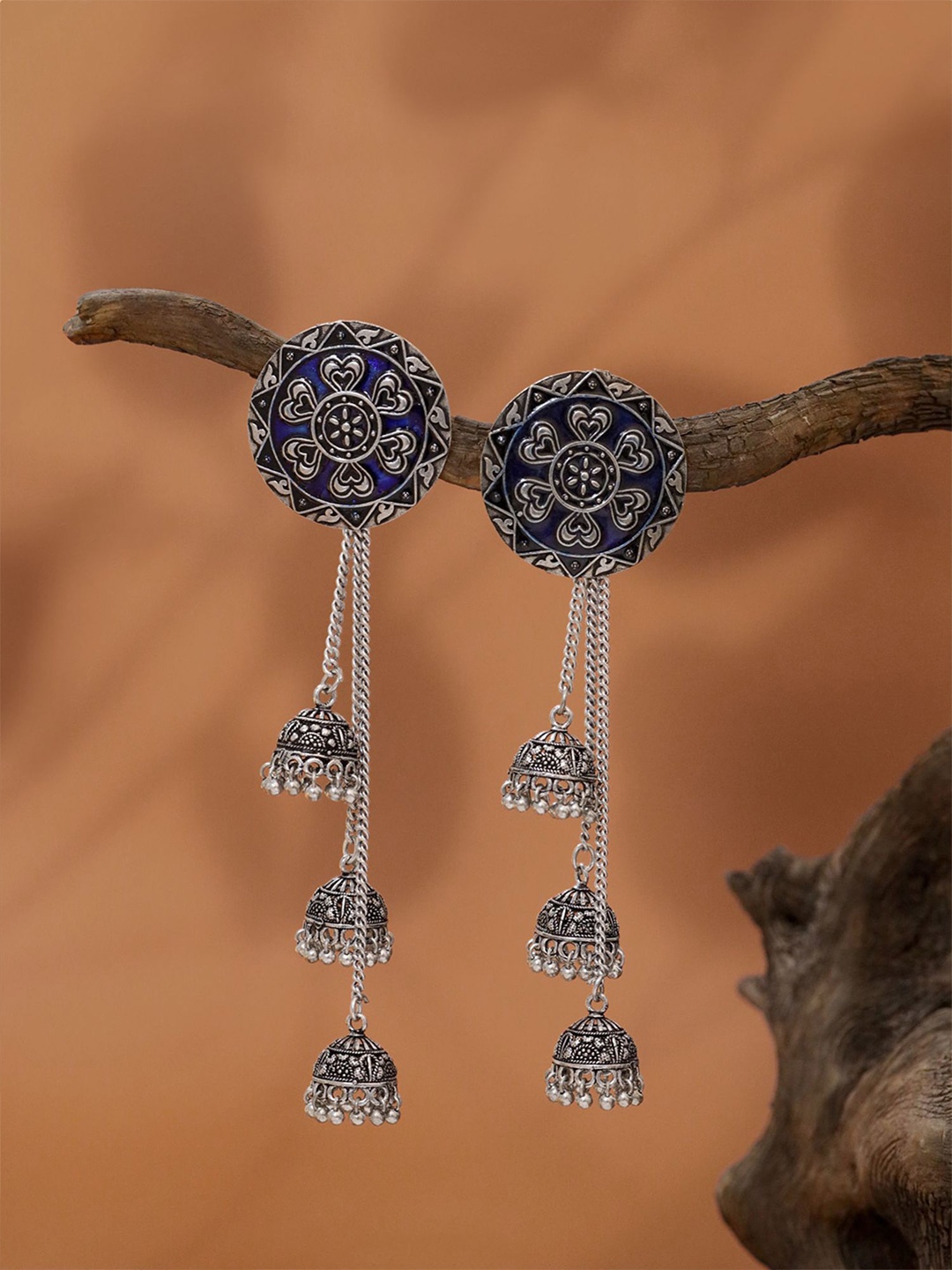 

Yellow Chimes Silver-Plated Dome Shaped Oxidized Long Chain Jhumkas