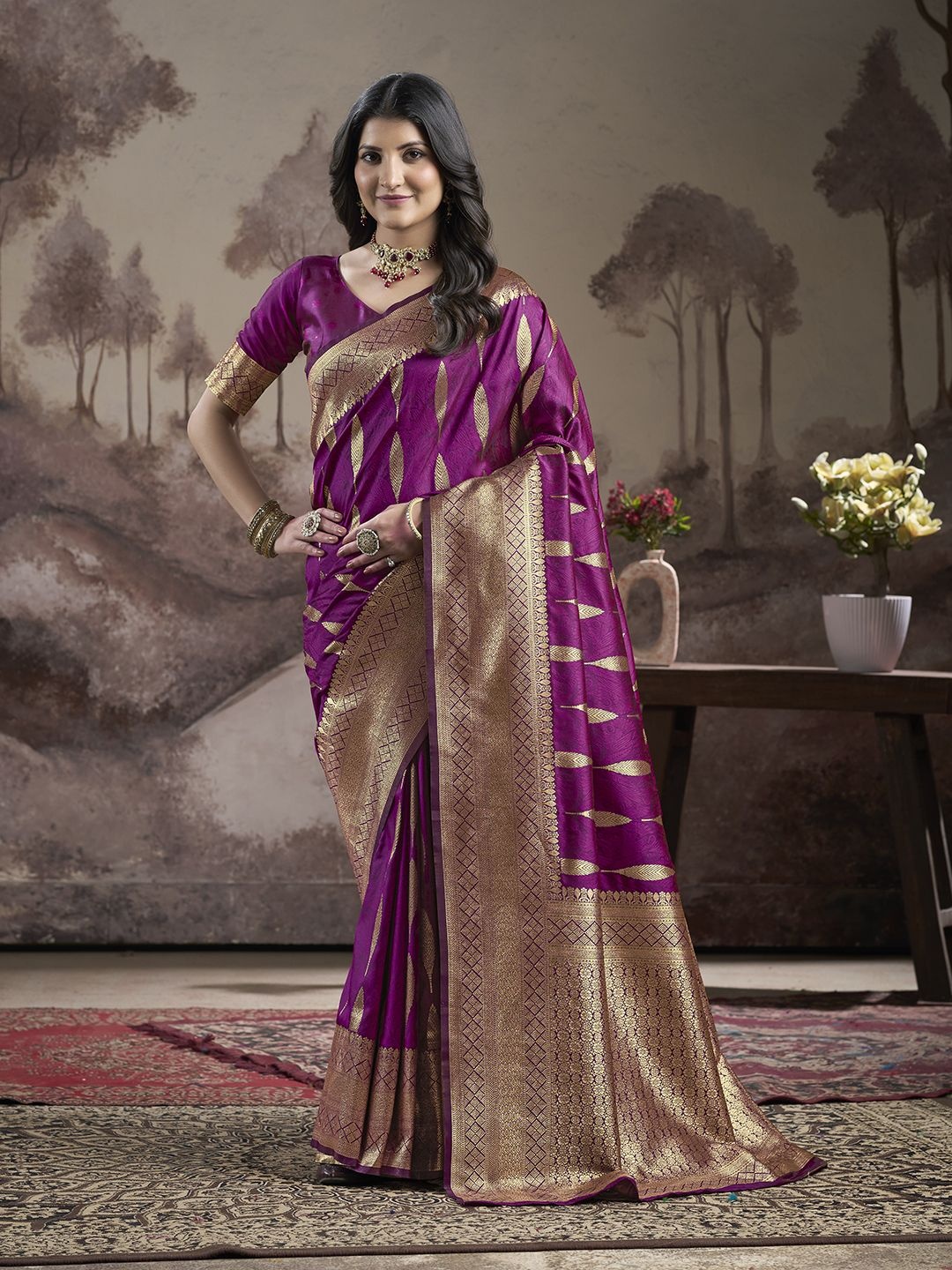 

Manu Designer Ethnic Motifs Zari Silk Blend Banarasi Saree, Purple