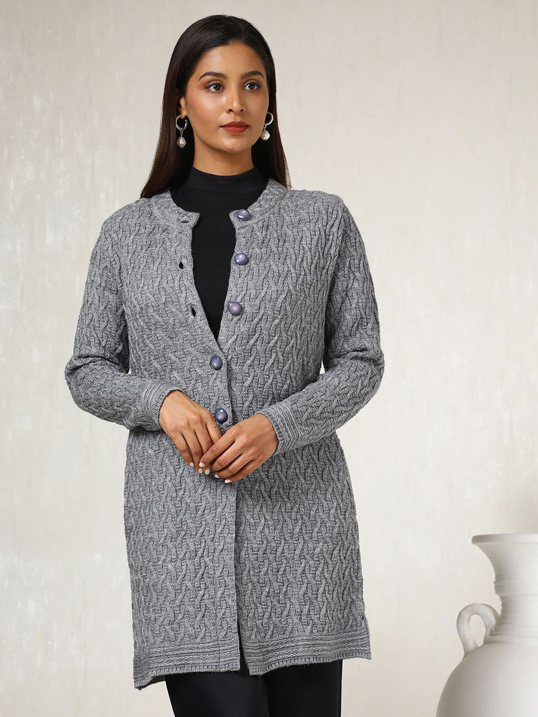 

Soch Women Cable Knit Longline Cardigan, Grey