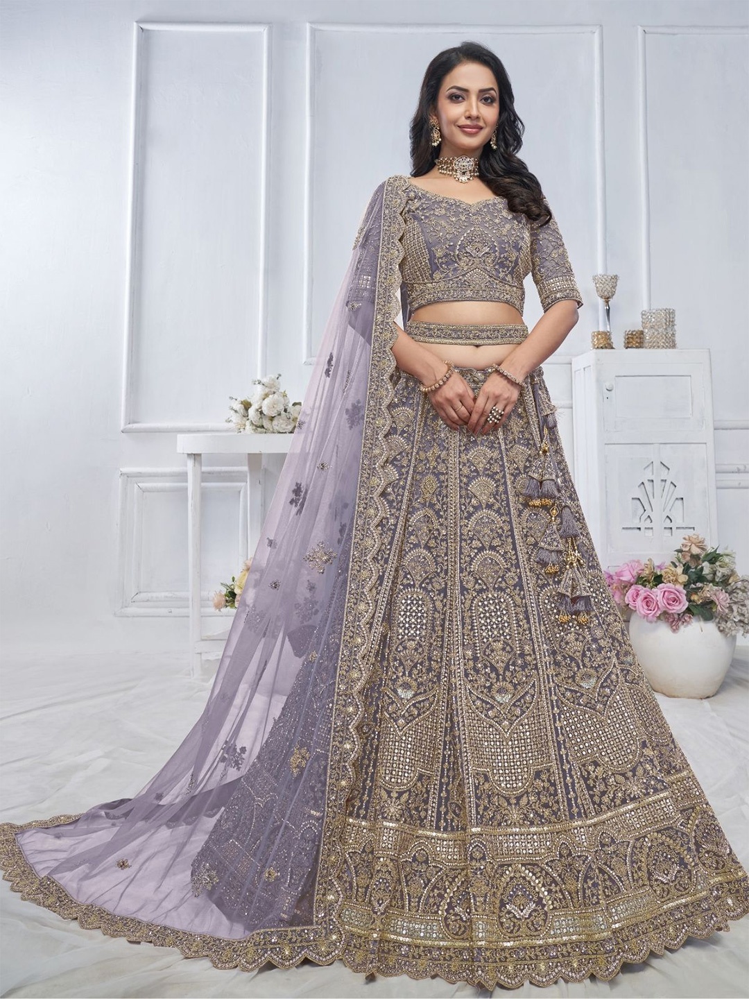 

ODETTE Embroidered Semi-Stitched Lehenga & Unstitched Blouse With Dupatta, Purple