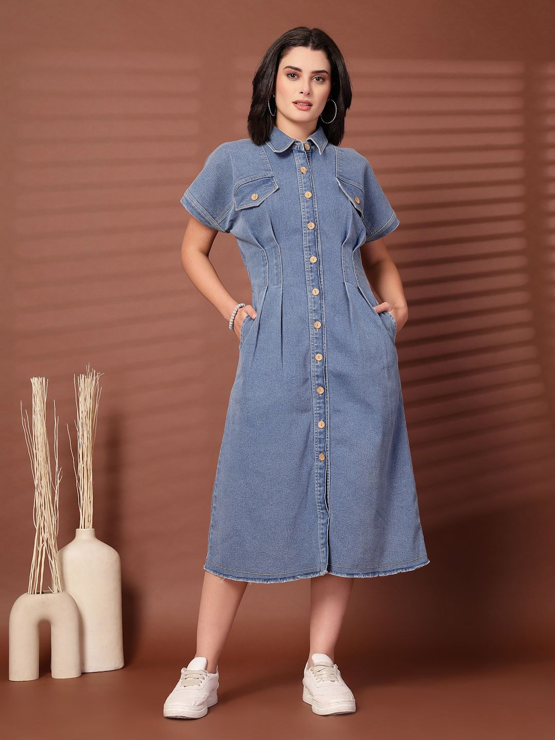 

plusS Cotton Shirt Midi Dress, Blue