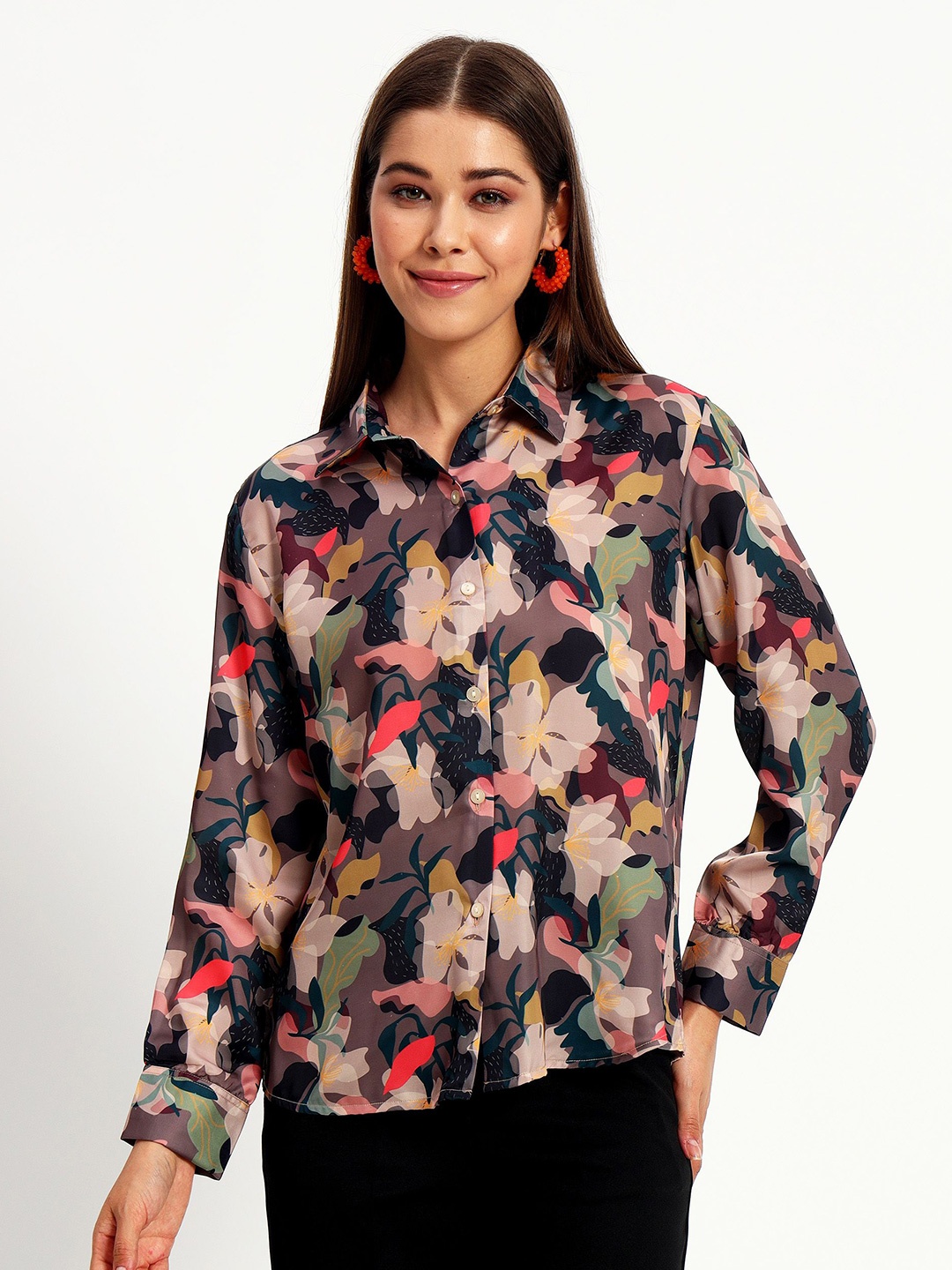 

Peikh Women Classic Floral Opaque Printed Casual Shirt, Brown
