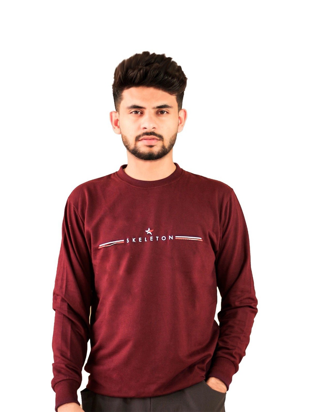 

BLUEFICUS Men Printed Round Neck Cotton Pullover Sweatshirt, Maroon