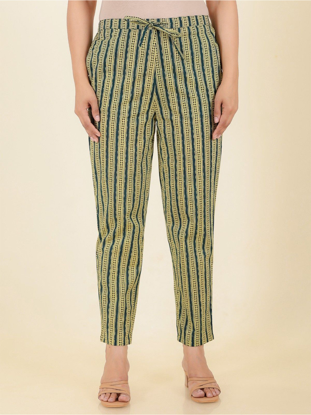 

Aramya Women Striped Cotton Regular Trouser, Green