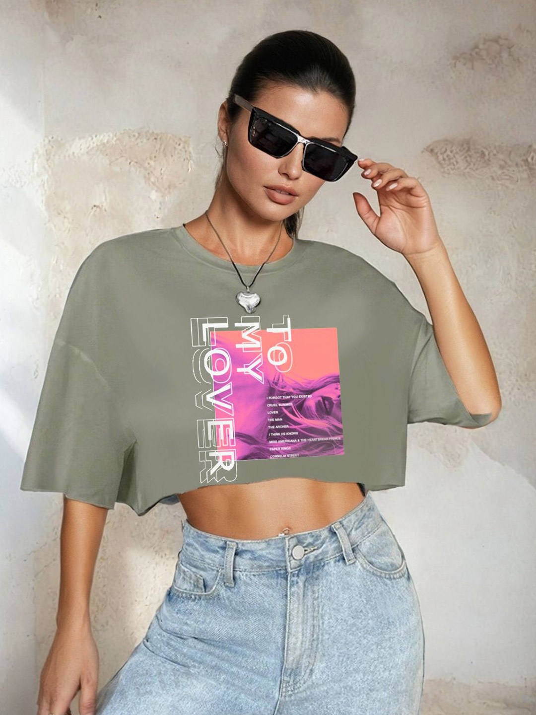 

DressBerry Women Printed Flared Sleeve Net Crop Top, Grey
