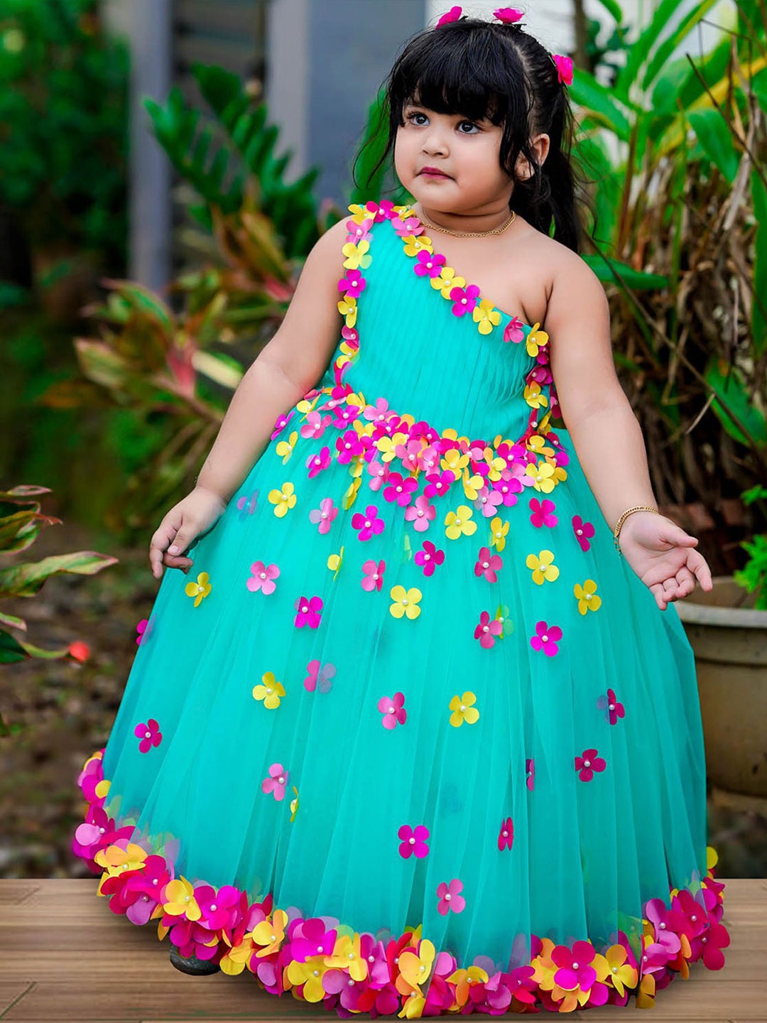 

Li & Li Boutique Girls Floral One Shoulder Net Fit & Flare Maxi Dress, Turquoise blue