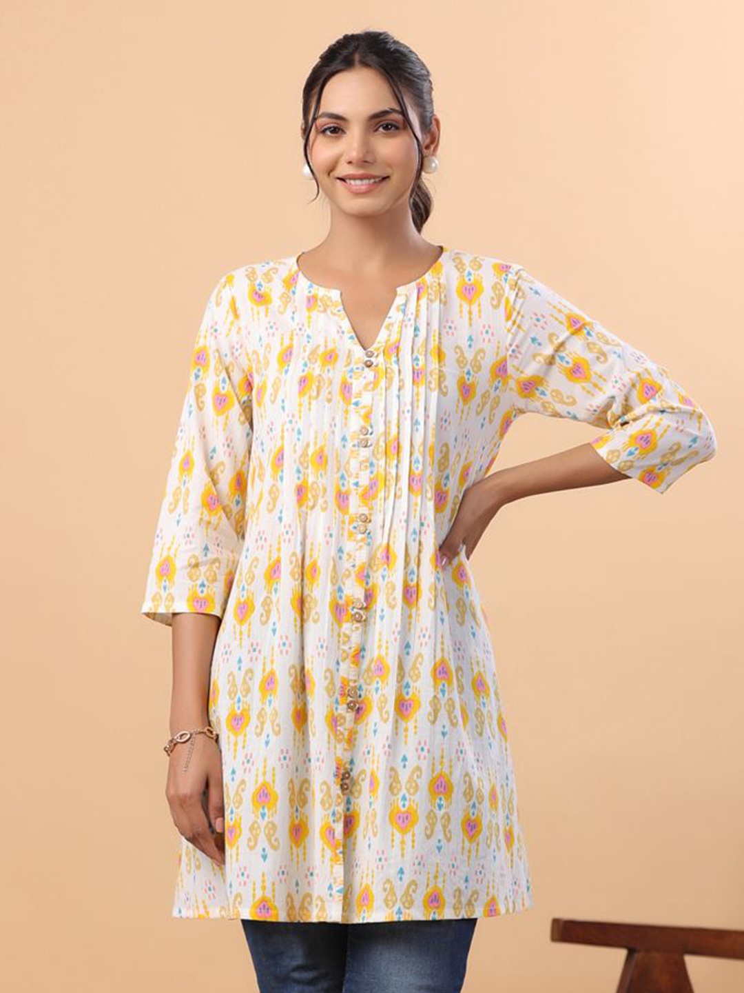 

KALINI Women Pure Cotton Ikkat Printed Pleated Tunic, White