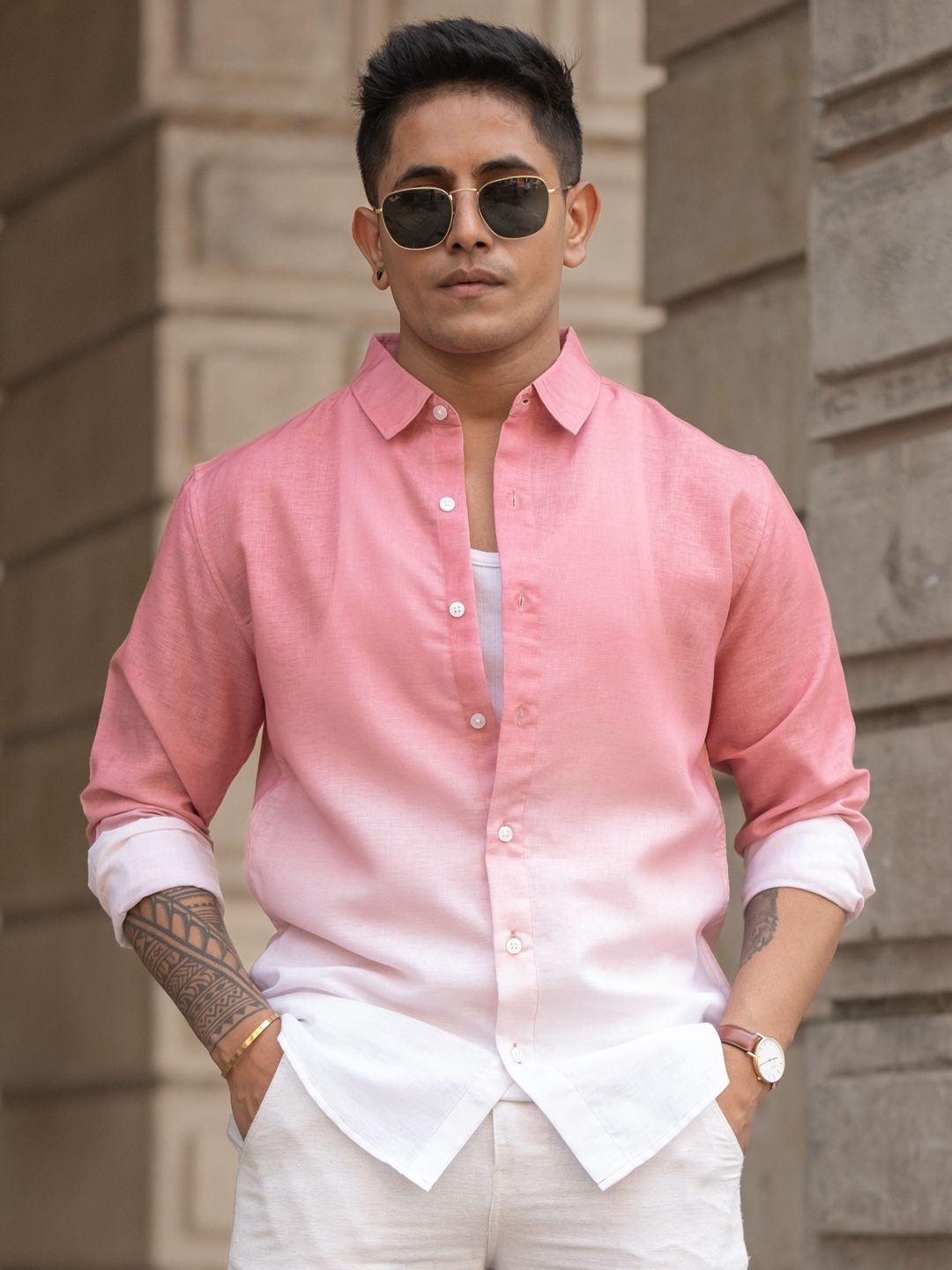 

Powerlook Men Spread Collar Solid Cotton Casual Shirt, Pink