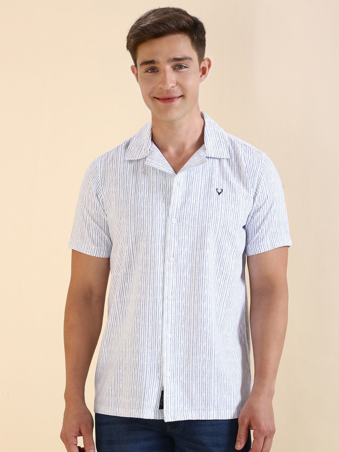 

Allen Solly Men Custom Fit Cuban Collar Vertical Striped Cotton Casual Shirt, White