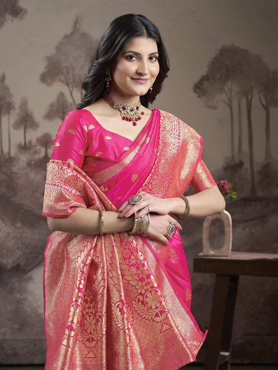 

Ethnielle Floral Printed Pure Silk Saree, Fuchsia