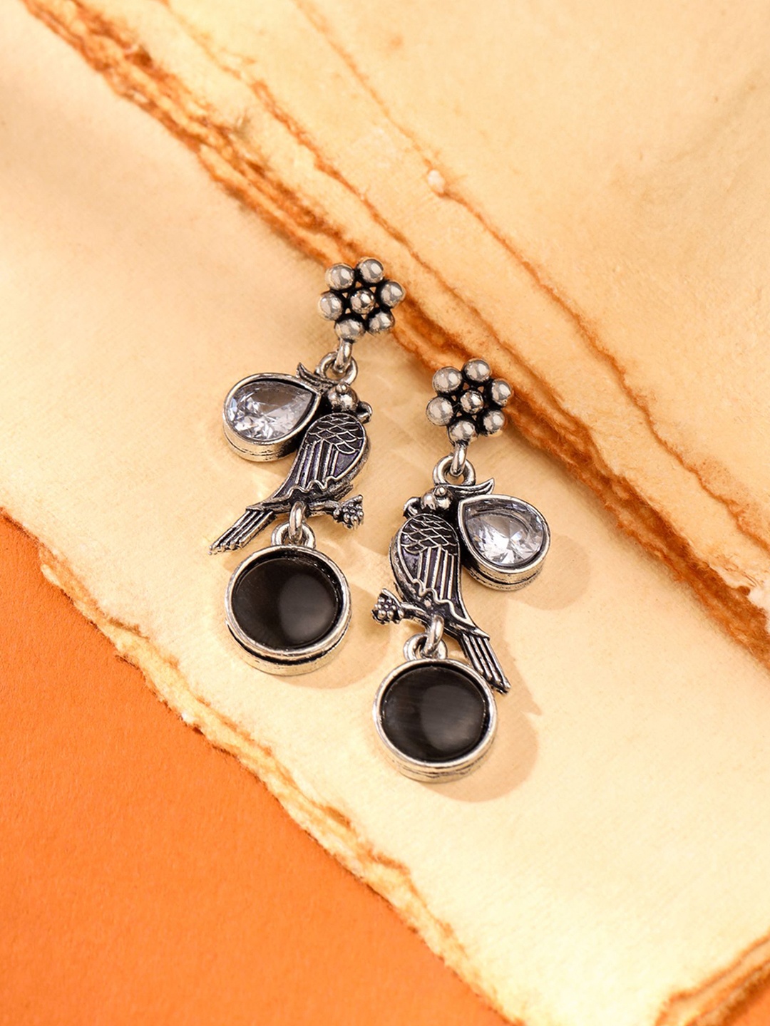

Yellow Chimes Silver-Plated Monalisa Studded Contemporary Afghani Style Drop Earrings, Black