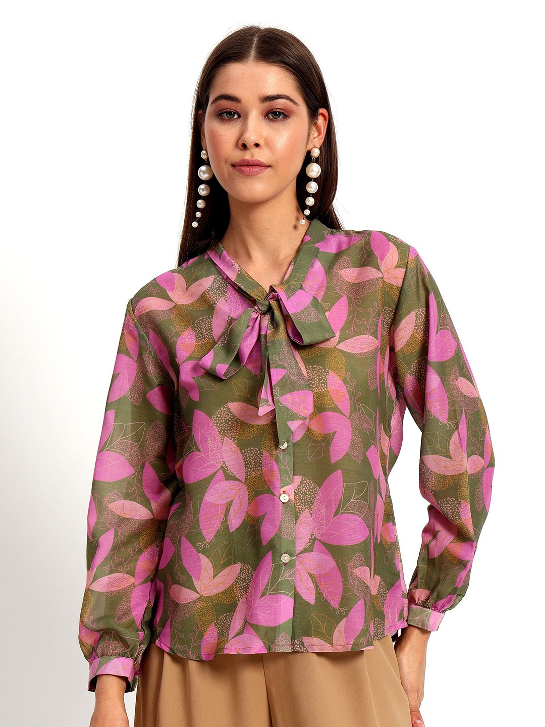 

Peikh Women Classic Floral Opaque Printed Casual Shirt, Olive