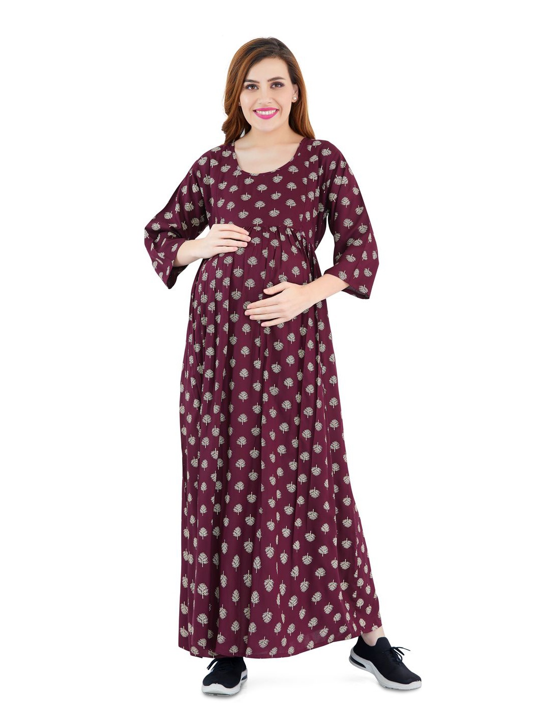 

LOVELY MOM'S Women Ethnic Motifs Printed Maternity Maxi Dress, Maroon