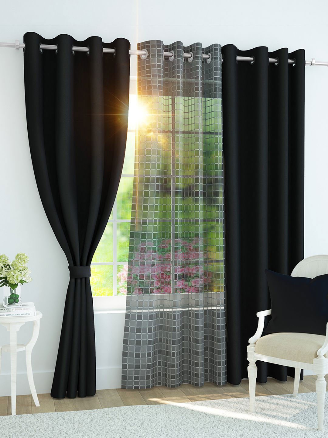 

Story@home Set of 3 Combo Door Curtains of Blackout & Sheer 7 Feet, Black & Grey