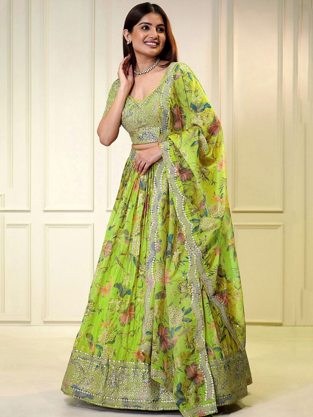 

Fusionic Printed Sequinned Organza Ready to Wear Lehenga & Blouse With Dupatta, Green