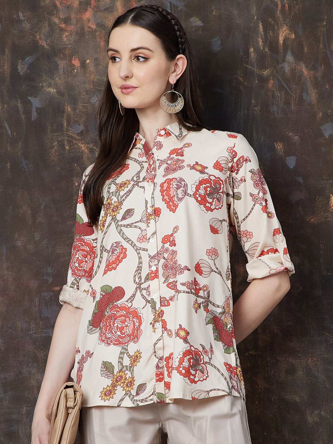 

Melange by Lifestyle Women Floral Printed Shirt Collar Kurti, Off white