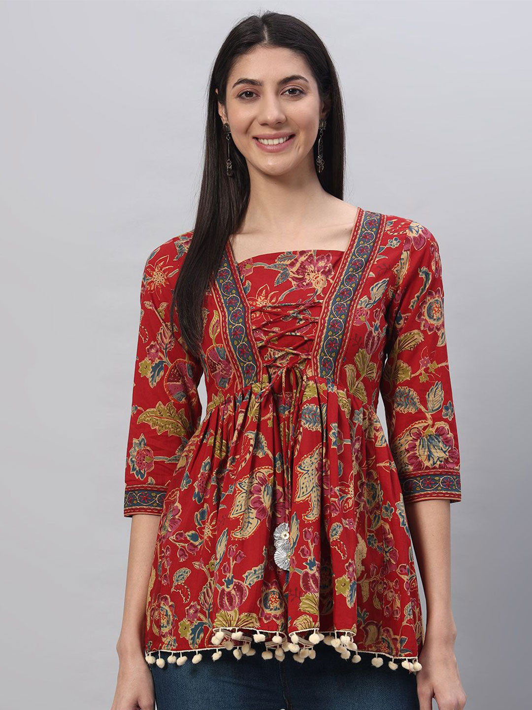 

KBZ Women Floral Print Cotton Top, Red