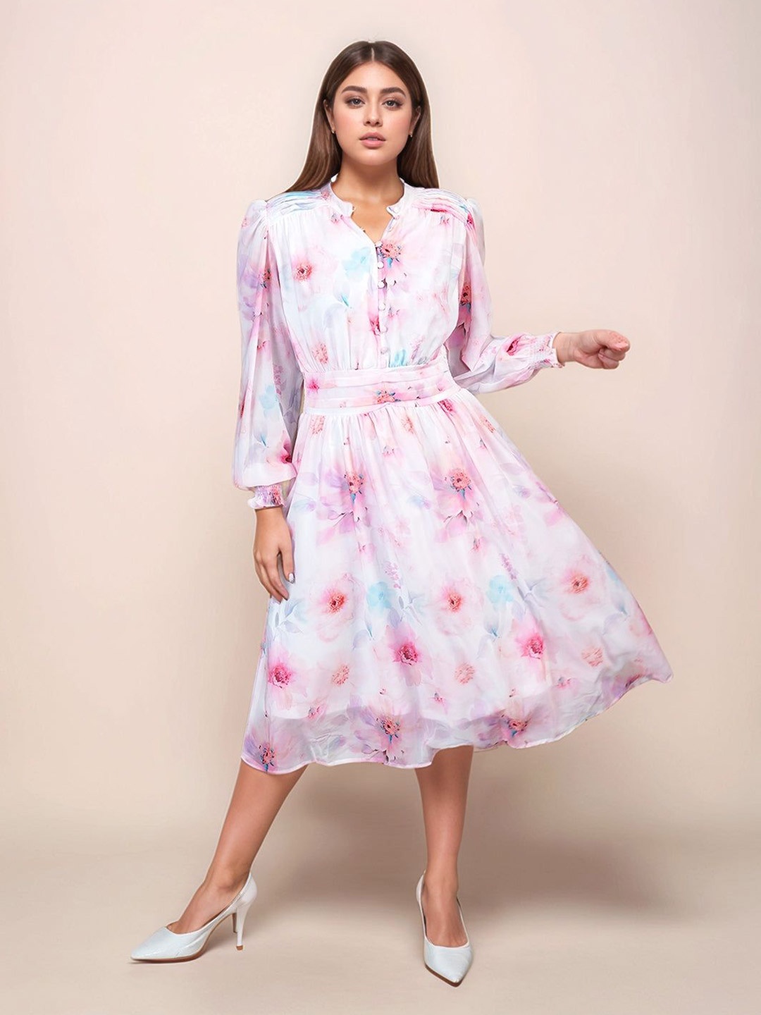 

Zink London Floral Printed Relaxed Fit & Flare Midi Dress, White