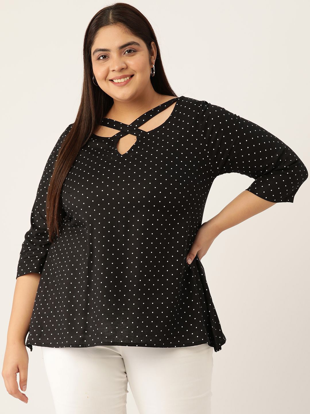 

theRebelinme Women Polka Dot Printed A-Line Top, Black