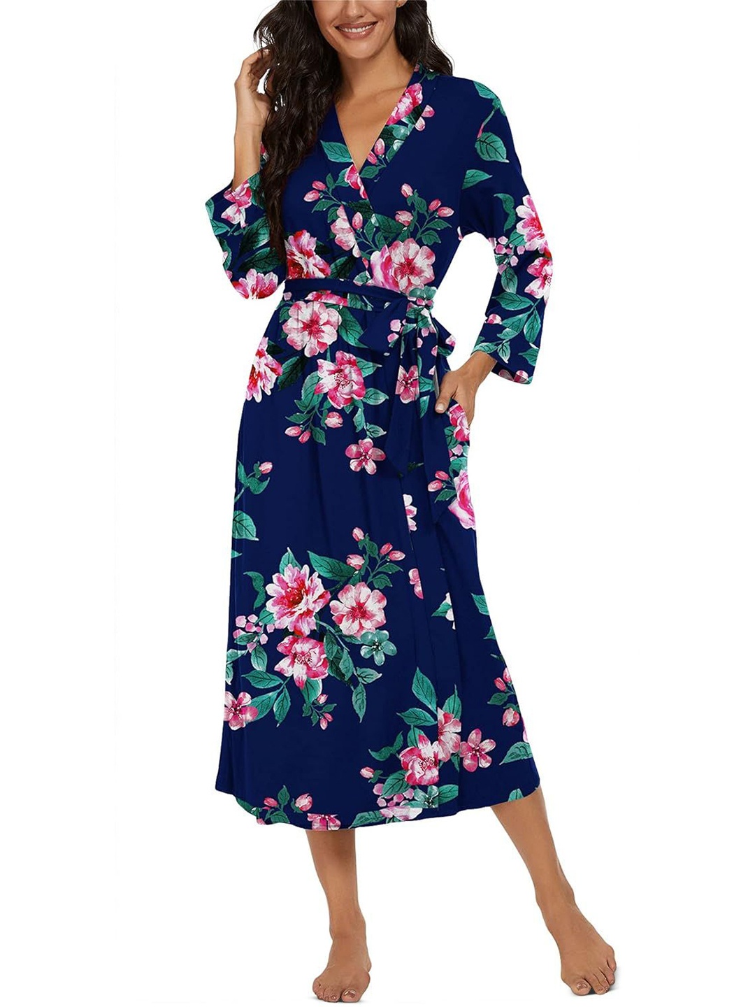 

Softwrap Women Floral Printed Wrap Nightdress, Navy blue