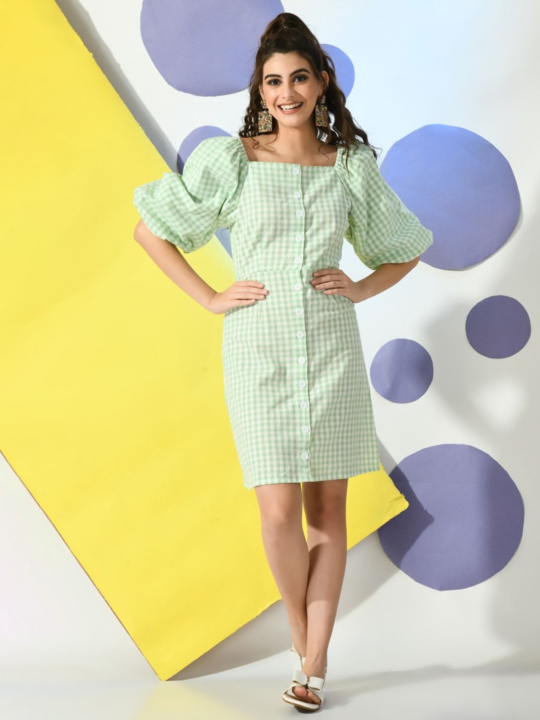 

DressBerry Checked Puff Sleeve Bodycon Dress, Green