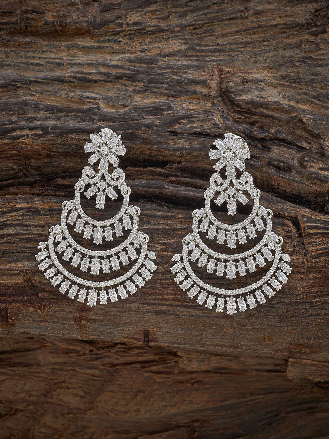 

Kushal's Fashion Jewellery Rhodium-Plated Zircon Studded Classic Drop Earrings, Silver