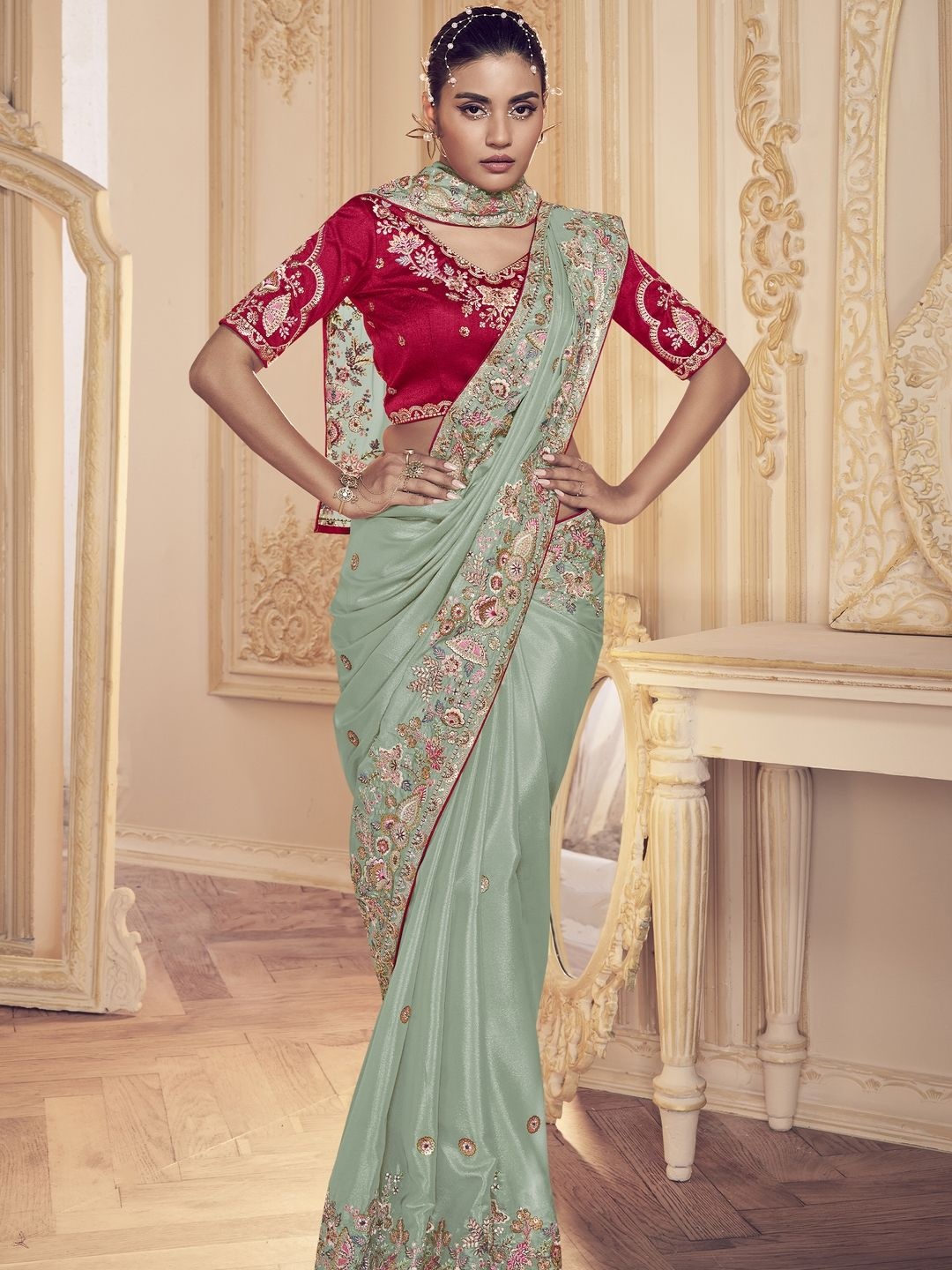 

Suha Embellished Sequinned Pure Crepe Saree, Sea green