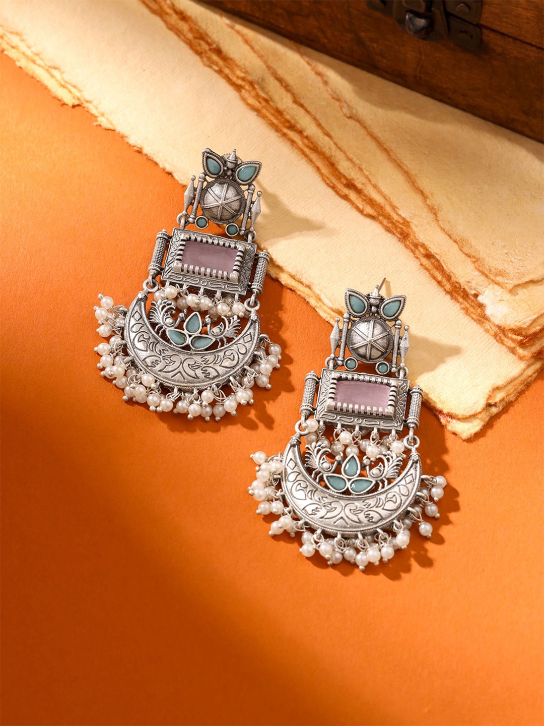 

Yellow Chimes Silver-Plated Monalisa Studded & Beaded Contemporary Afghani Chandbalis