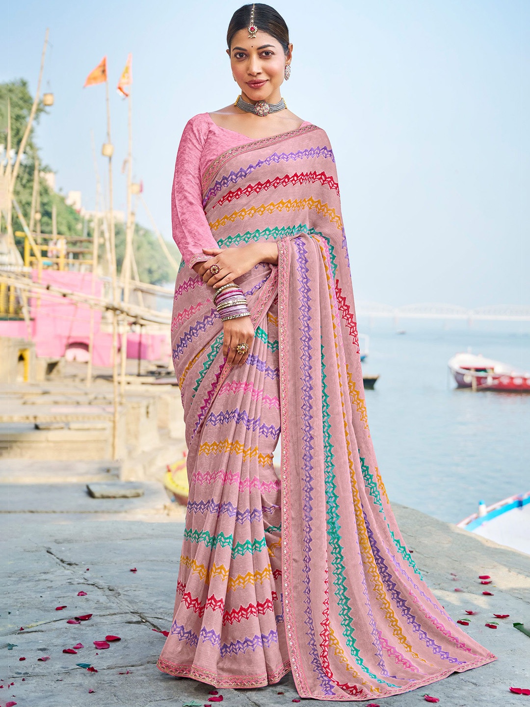 

Laxmipati Striped Poly Chiffon Designer Saree, Peach