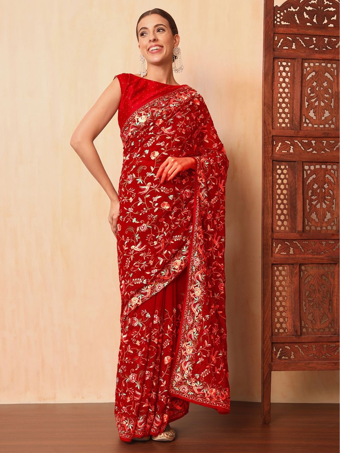 

Chhabra 555 Red Parsi Resham Embroidered Saree with Intricate Floral & Bird Motifs