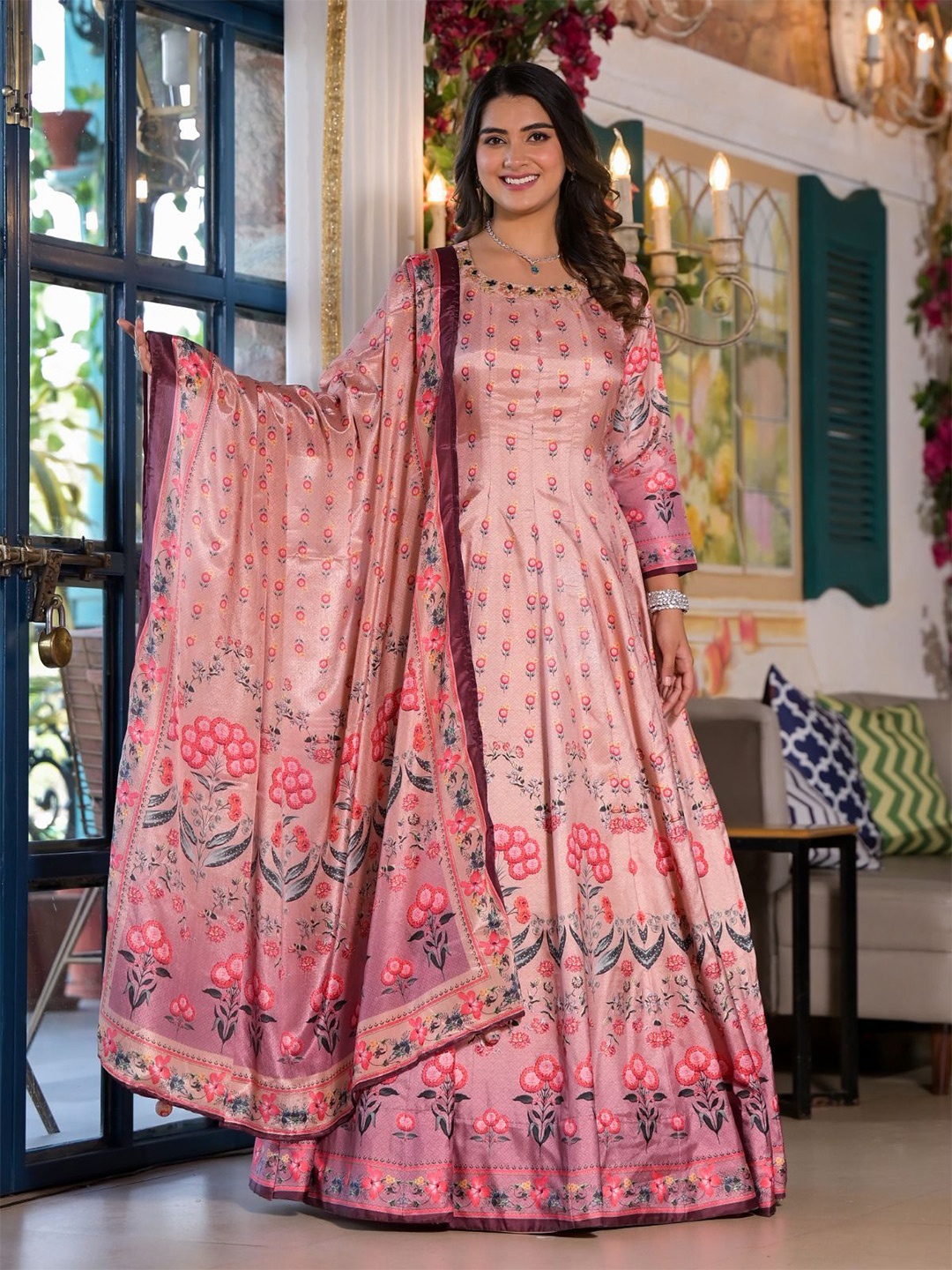 

ODETTE Ethnic Motifs Printed Silk A-Line Ethnic Dress with Dupatta, Pink