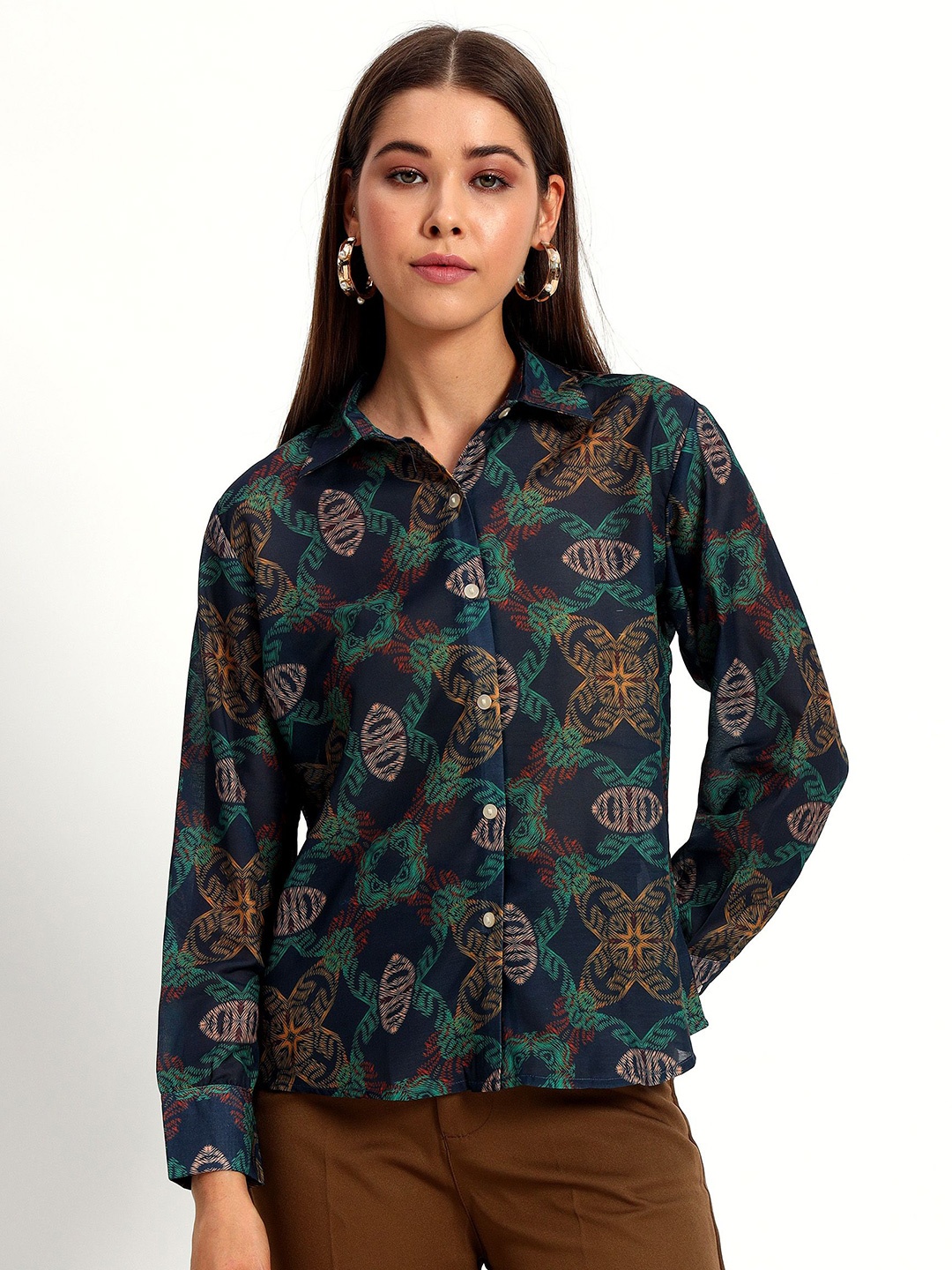 

Peikh Women Classic Floral Opaque Printed Casual Shirt, Navy blue