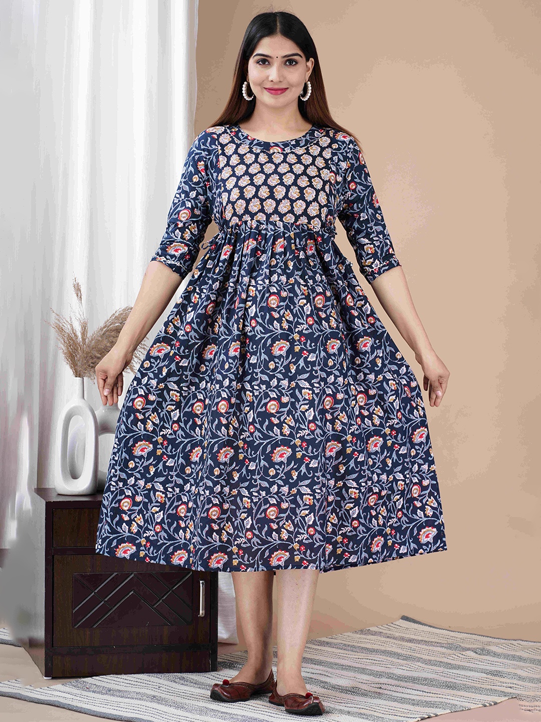 

FEMARY Women Floral Printed Cotton Maternity Midi Dress, Navy blue