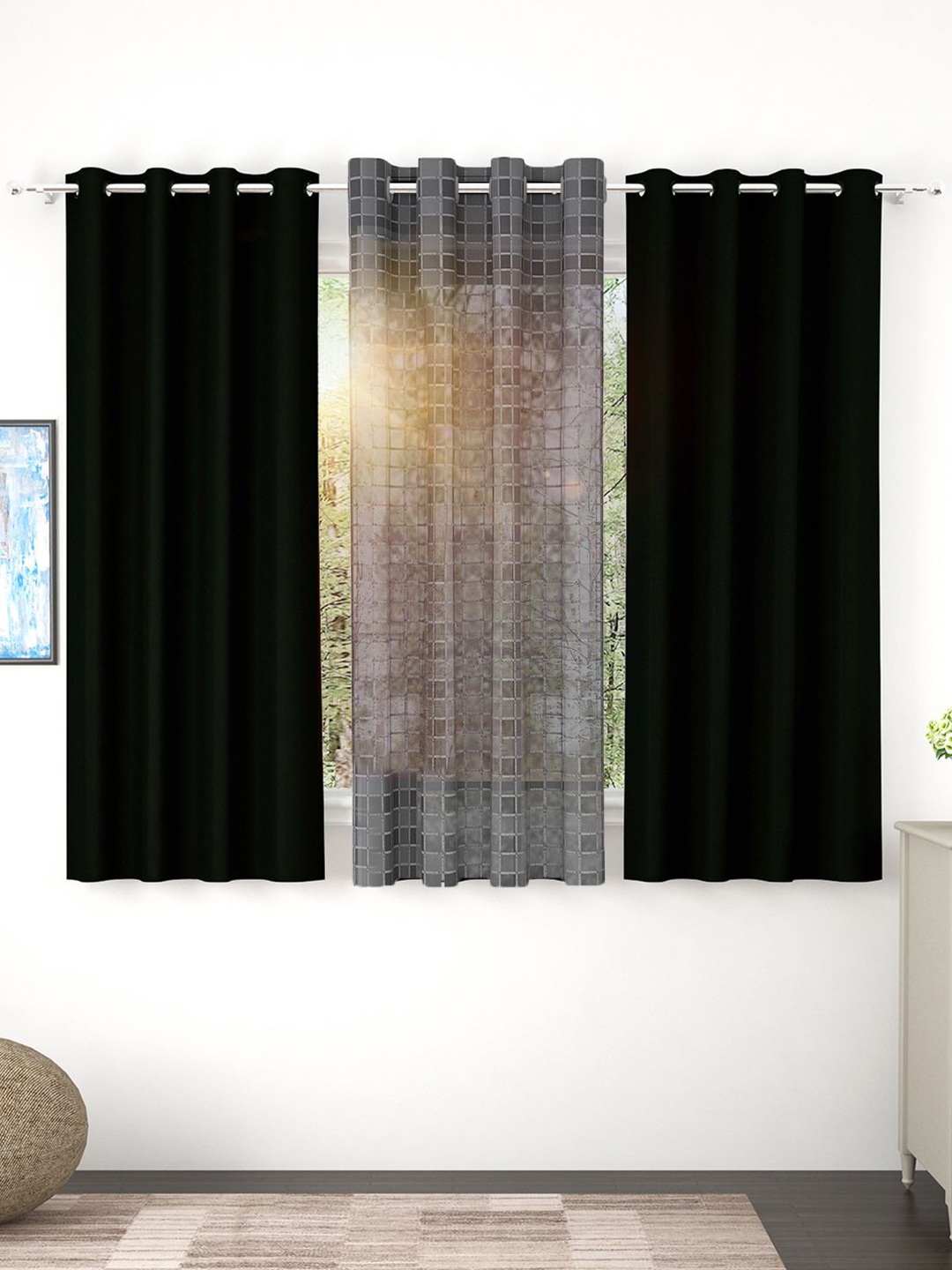 

Story@home Set of 3 Combo Window Curtains of Blackout & Sheer 5 Feet, Black & Grey