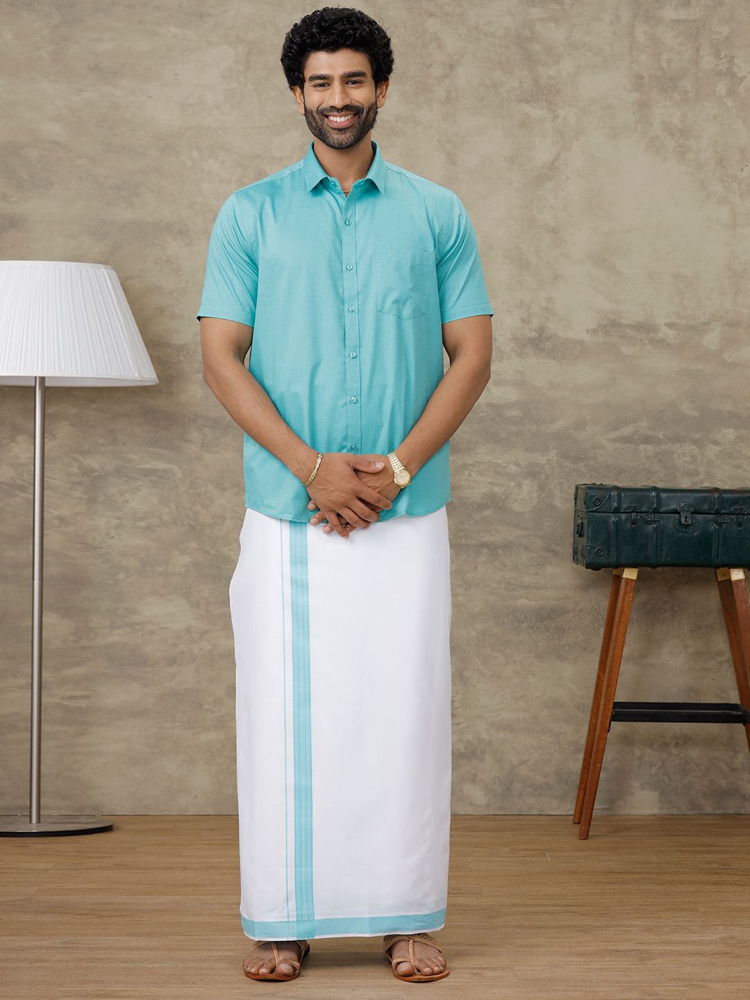 

Ramraj Men Shirt & Border Dhoti Set, Blue