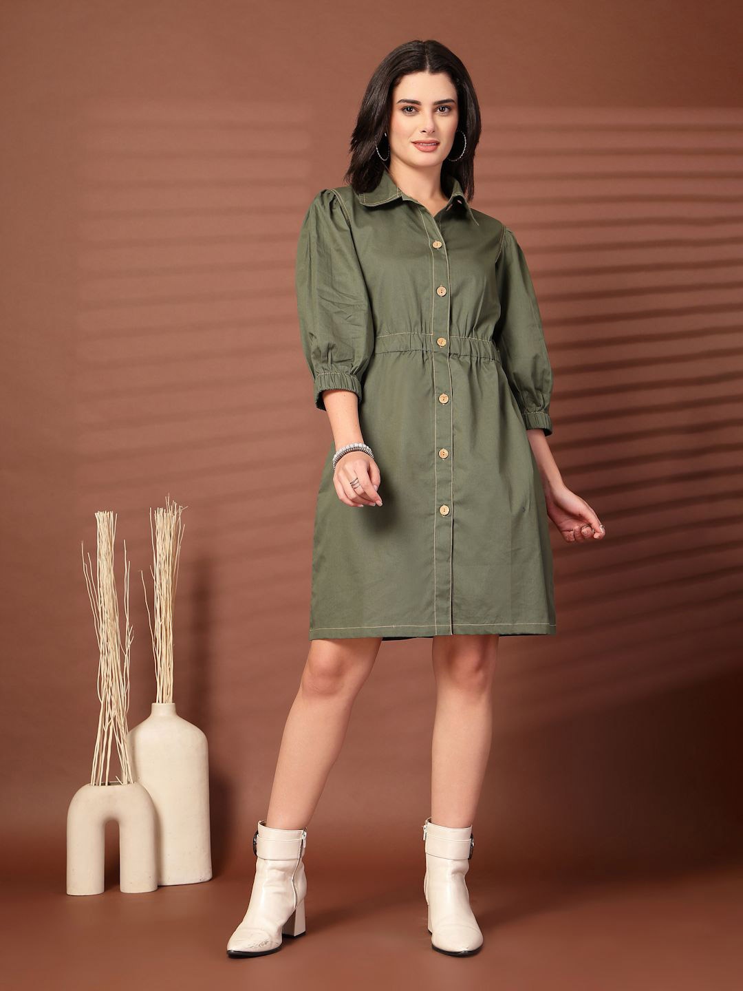 

plusS Women Cotton Shirt Mini Dress, Olive