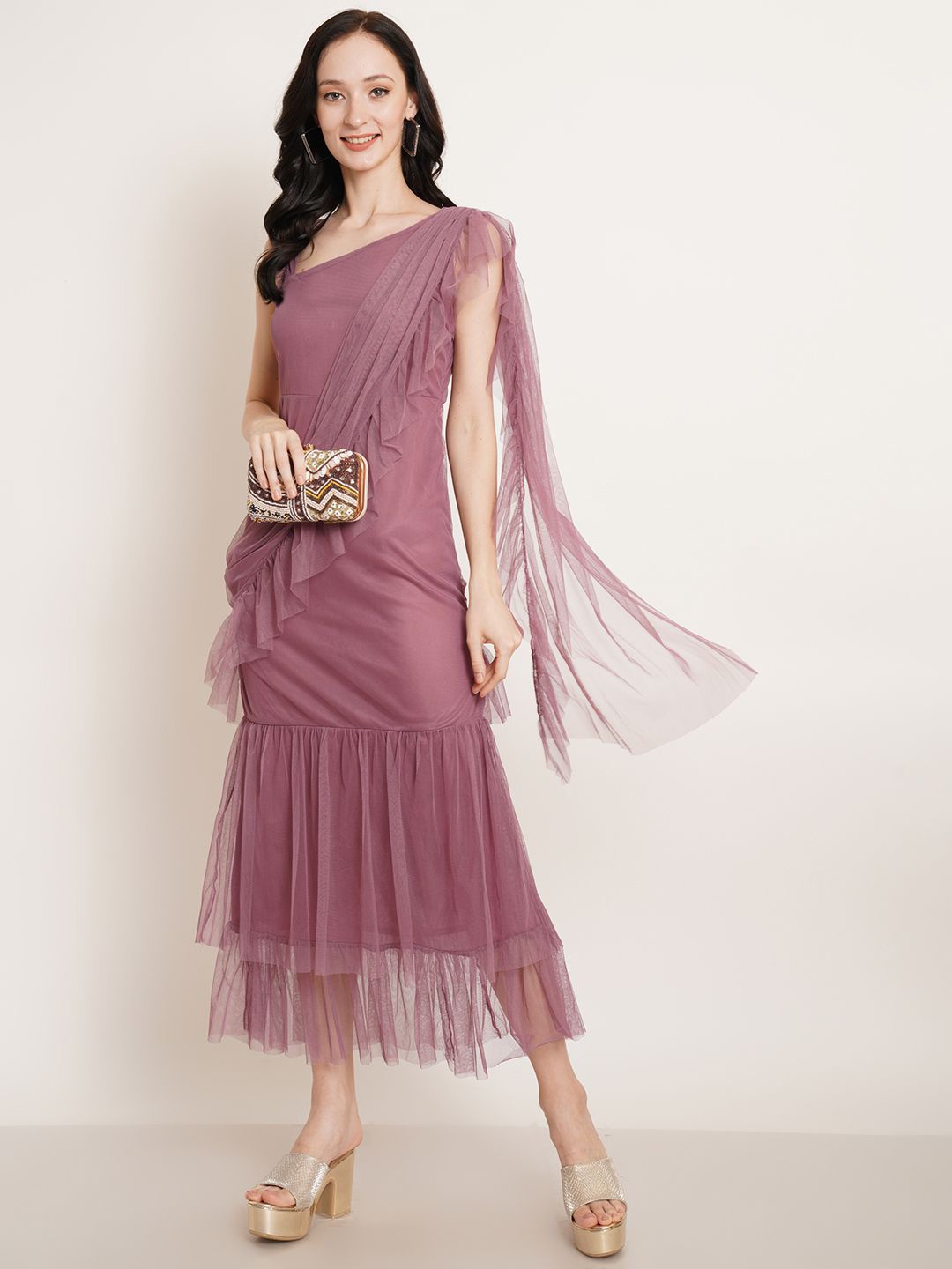 

Moda Rapido One Shoulder Net Maxi Dress, Mauve