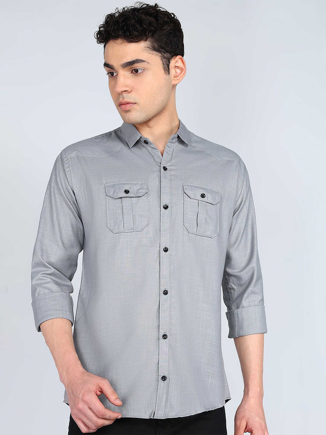 

KHUSHI CREATION Men Original Fit Spread Collar Solid Cotton Casual Shirt, Grey