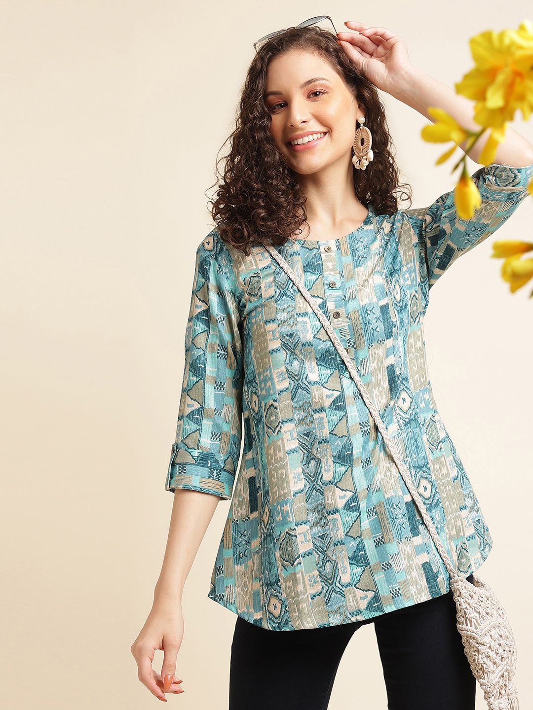 

DressBerry Embellished Print Roll-Up Sleeves Top, Blue