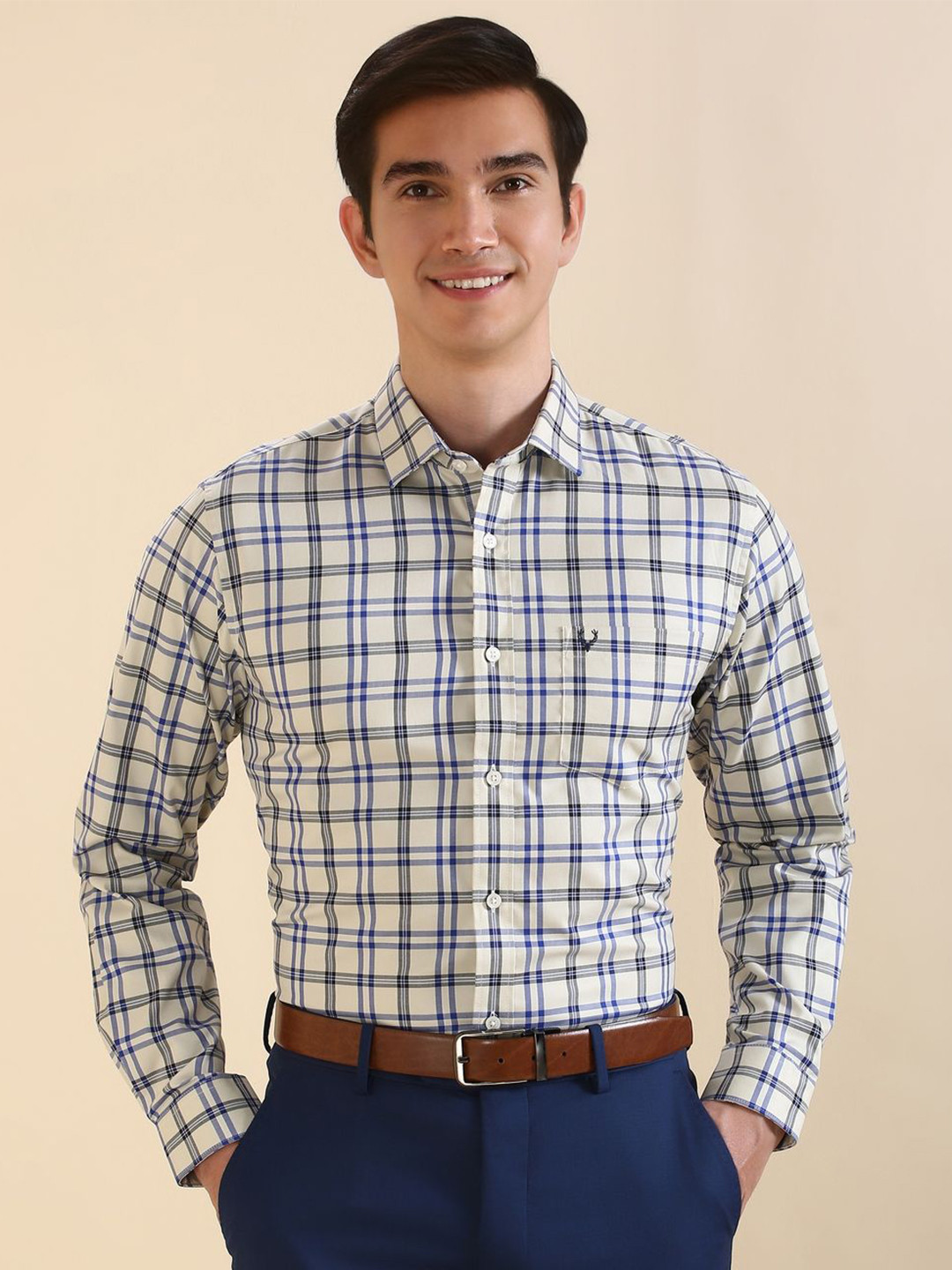 

Allen Solly Men Slim Fit Spread Collar Tartan Checked Cotton Formal Shirt, Beige