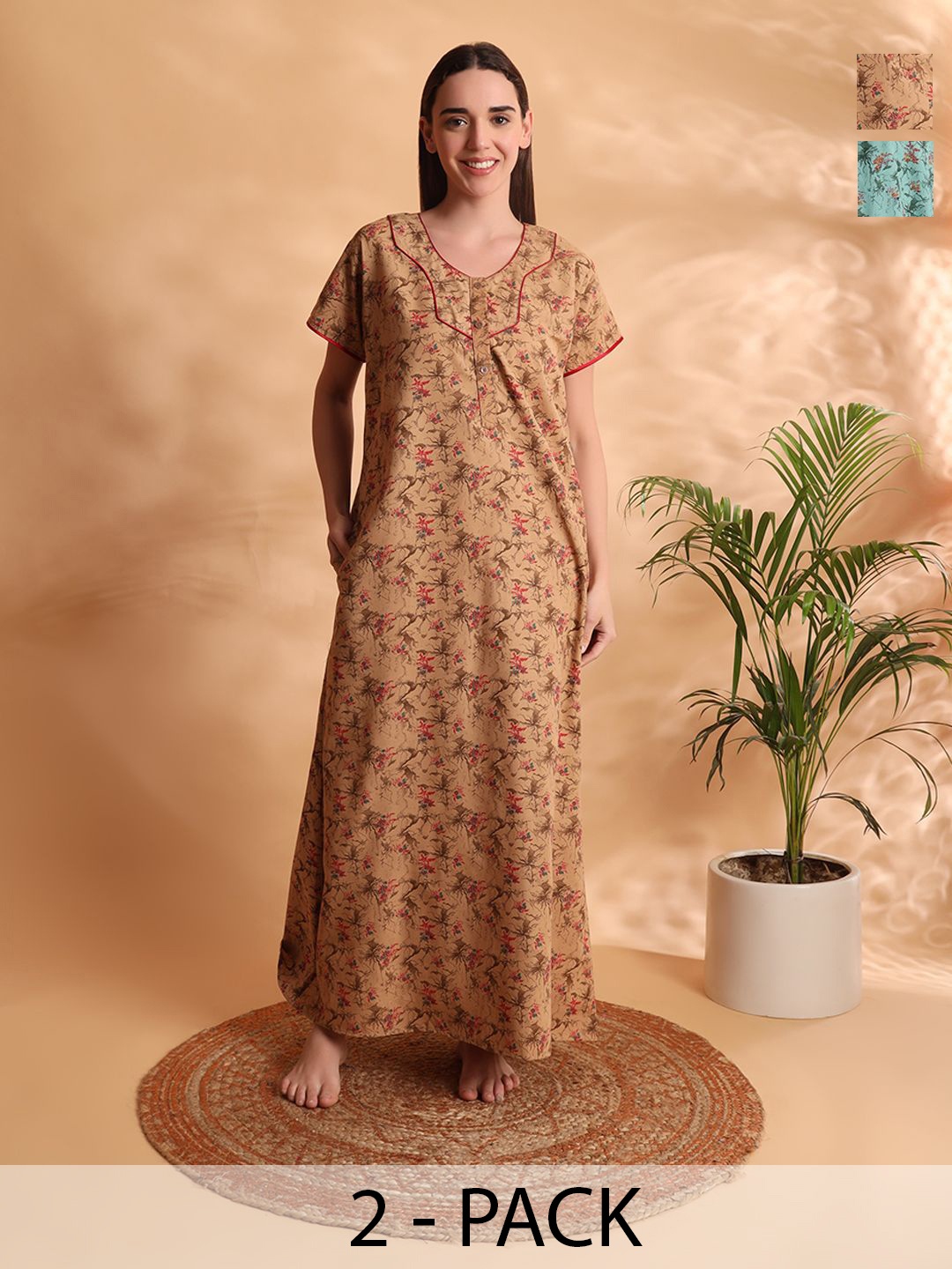 

G4Girl Women Pack Of 2 Floral Printed Maxi Nightdress, Green