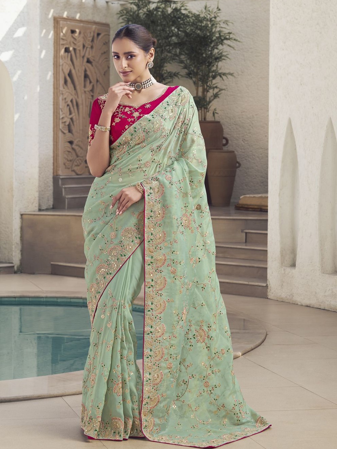 

Suha Embroidered Sequinned Pure Silk Saree, Green