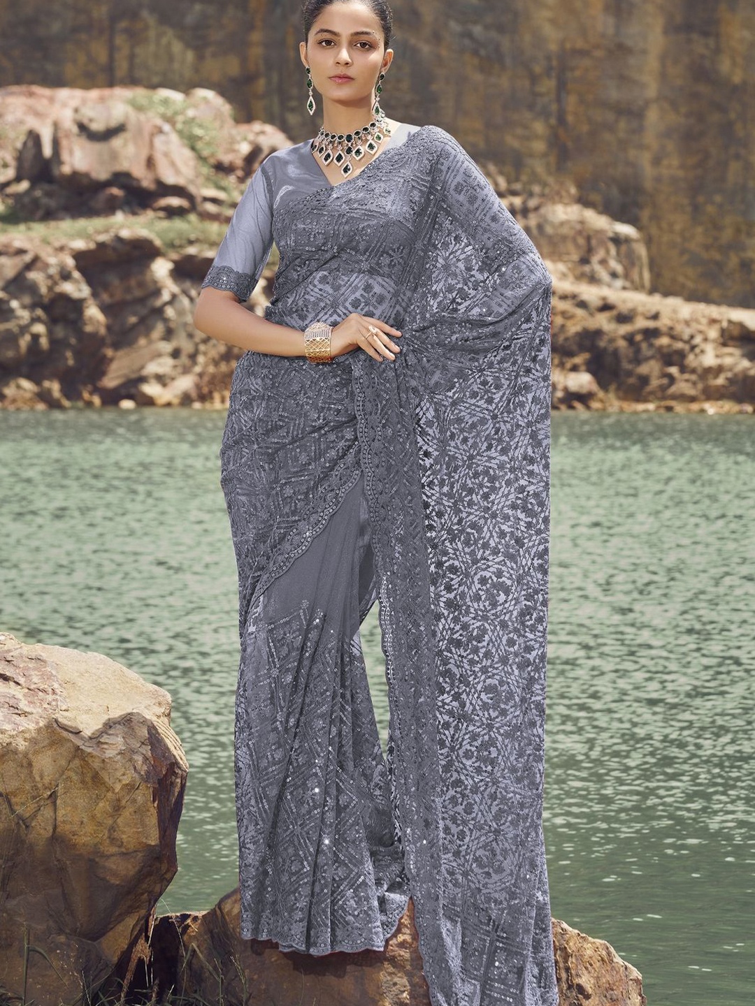 

Suha Embroidered Sequinned Net Saree, Grey