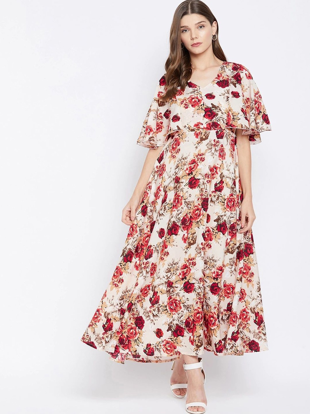

Moda Rapido Women Printed Flared Sleeve Crepe Fit & Flare Maxi Dress, Cream