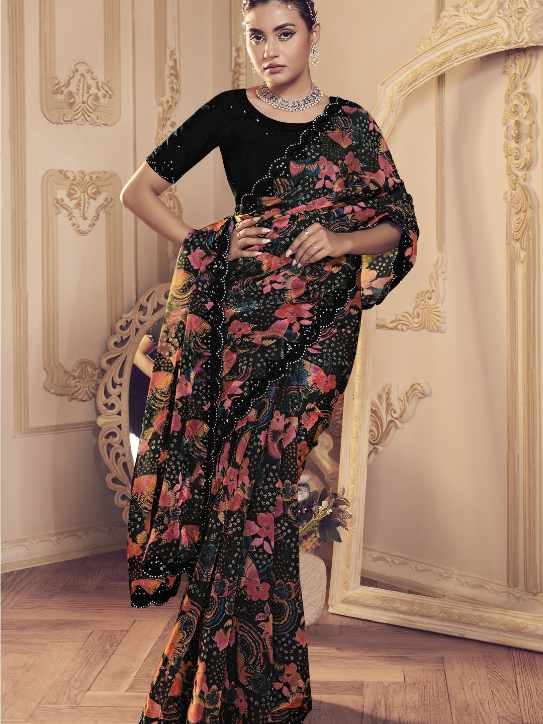 

Suha Floral Printed Beads and Stones Pure Silk Saree, Black
