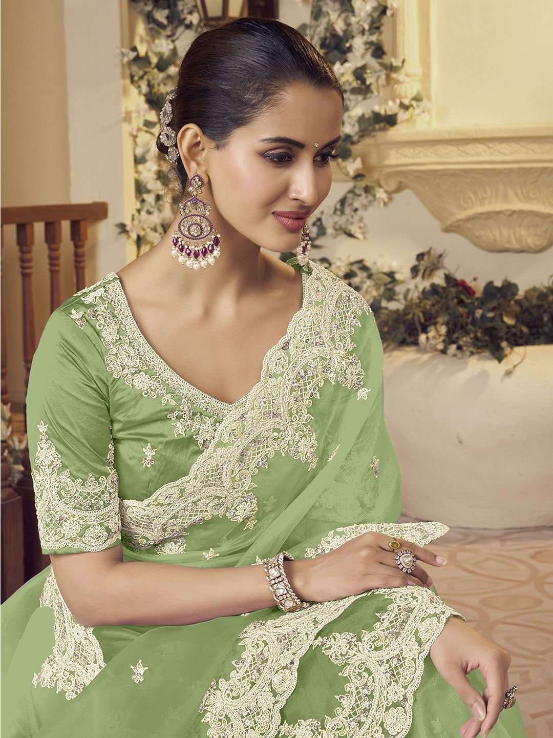 

Suha Embellished Embroidered Saree, Green