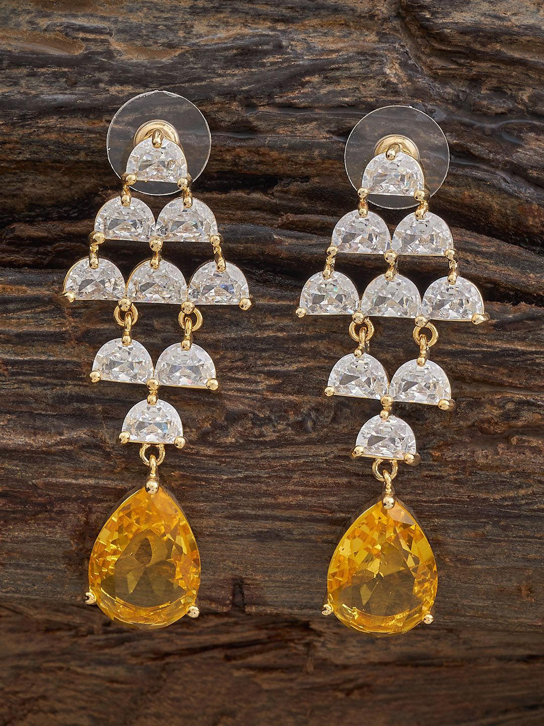 

Kushal's Fashion Jewellery Gold Plated Zircon Studded Teardrop Shaped Drop Earrings