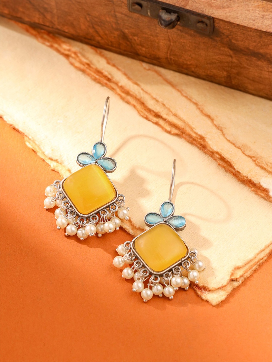 

Yellow Chimes Silver-Plated Monalisa Studded & Beaded Contemporary Afghani Drop Earrings