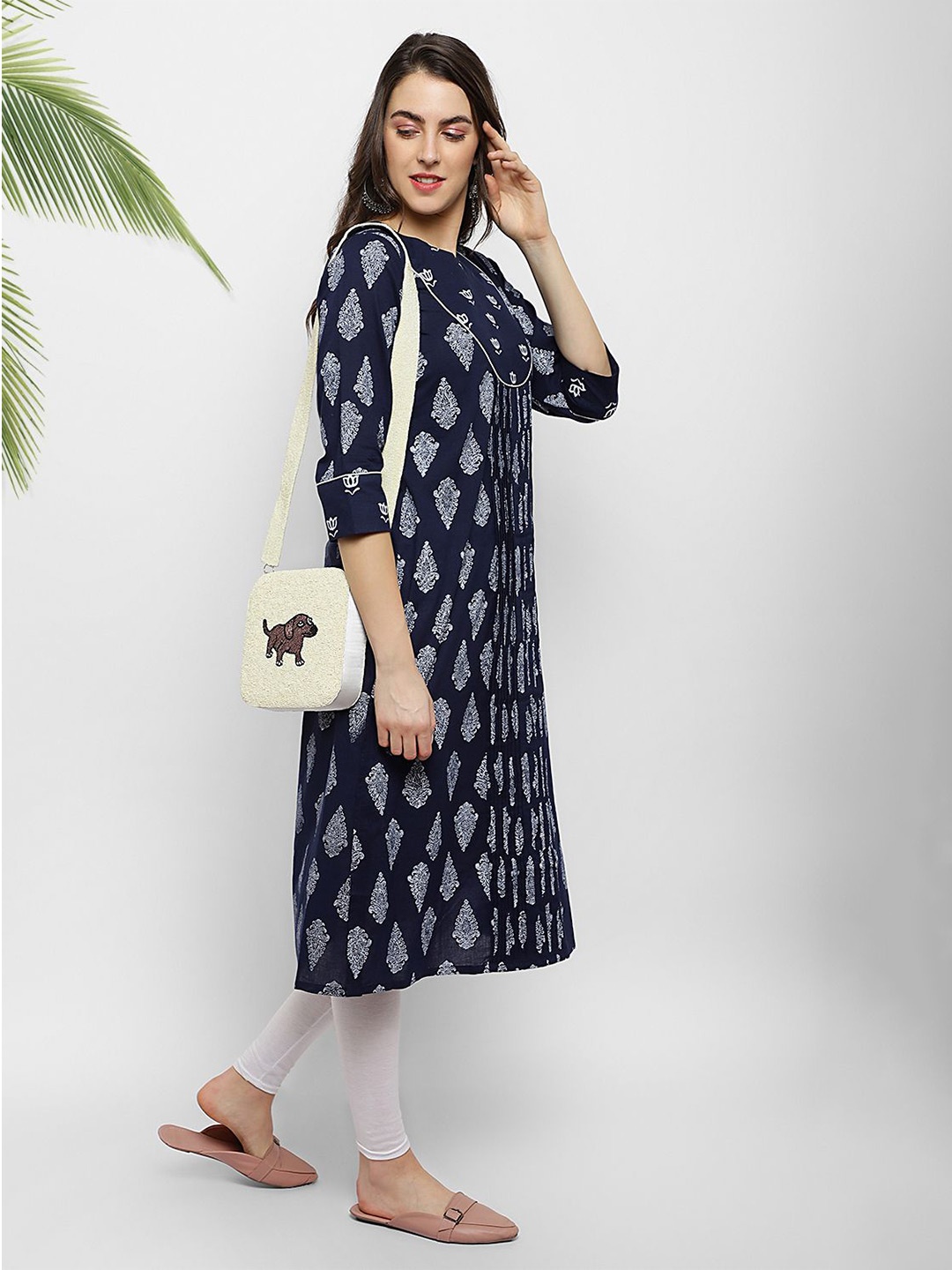 

PALASH Women Ethnic Motifs Printed Cotton Straight Kurta, Navy blue